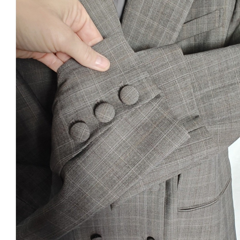 FRAME Blazer Double Breasted Wool Gray Tan Plaid Size 10 Relaxed Fit - Picture 6 of 14